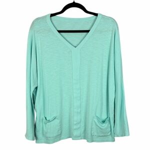 Chico’s Aqua Blue V-Neck Top Long Sleeve Soft Knit Relaxed Fit Pockets XL